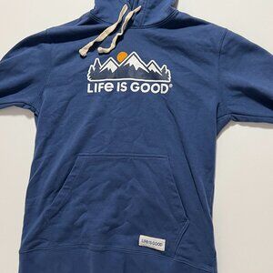 Life is Good Hoodie Pullover Sweatshirt Stretch Comfy Blue Men's size Medium